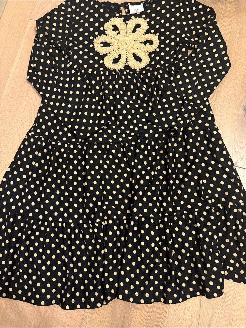 Hanna Andersson Black and Gold Polka Dot Tiered Dress with Flower Detail